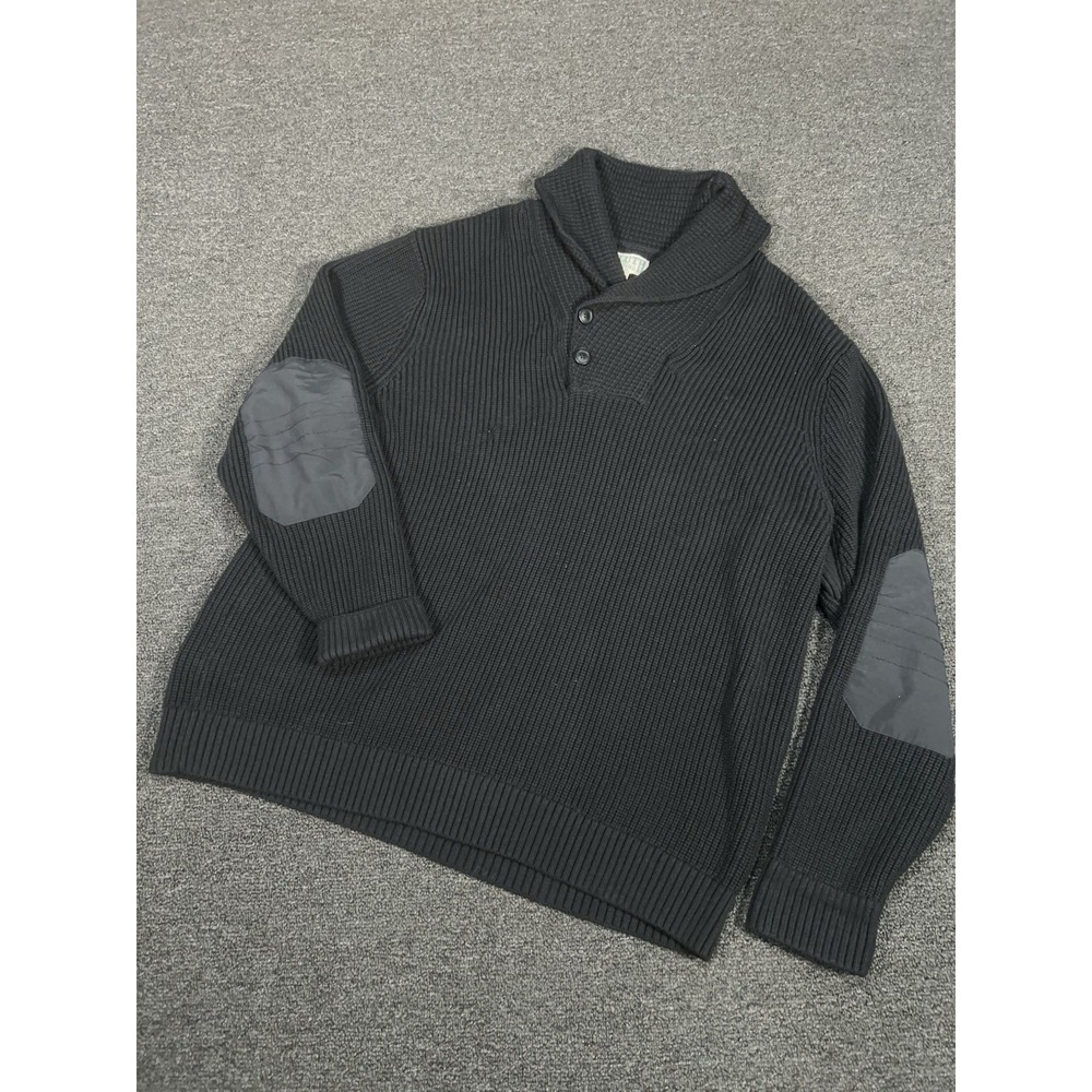 Duluth Trading Sweater Men XL Black Brigadier Commando Shawl Wool Elbow Patches
